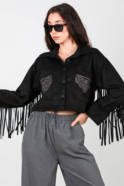 Kadın Arkası Püsküllü Cep Nakış Detay Süet Gömlek Siyah