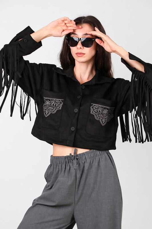 Kadın Arkası Püsküllü Cep Nakış Detay Süet Gömlek Siyah