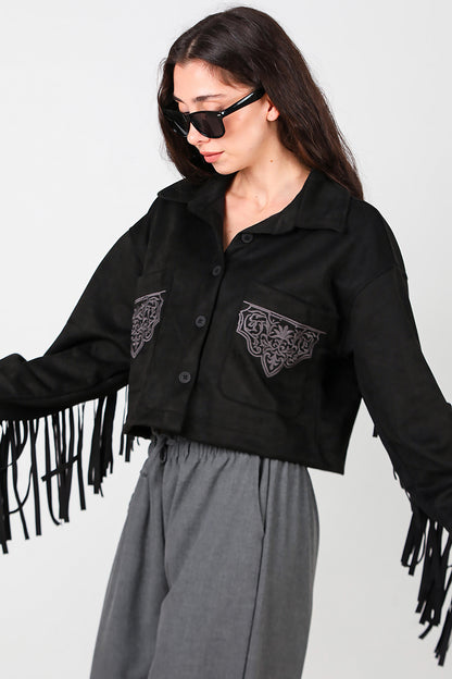 Kadın Arkası Püsküllü Cep Nakış Detay Süet Gömlek Siyah