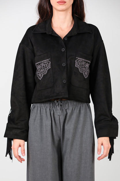 Kadın Arkası Püsküllü Cep Nakış Detay Süet Gömlek Siyah