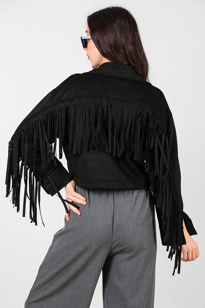 Kadın Arkası Püsküllü Cep Nakış Detay Süet Gömlek Siyah