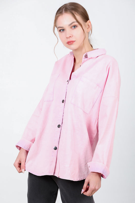 Kadın Oversize İki Cepli Gömlek Pembe