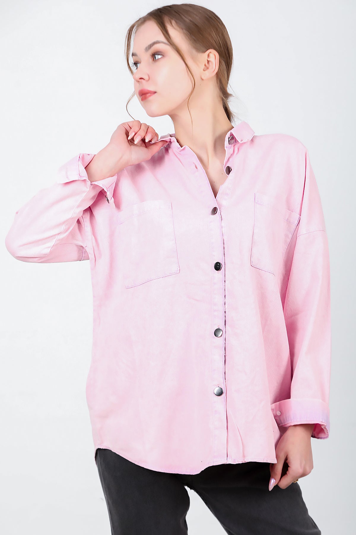 Kadın Oversize İki Cepli Gömlek Pembe
