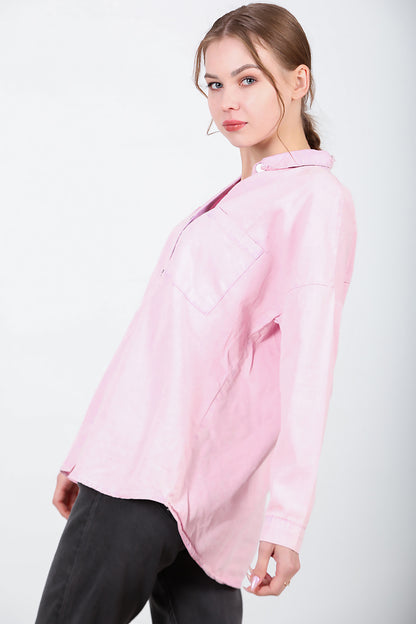 Kadın Oversize İki Cepli Gömlek Pembe
