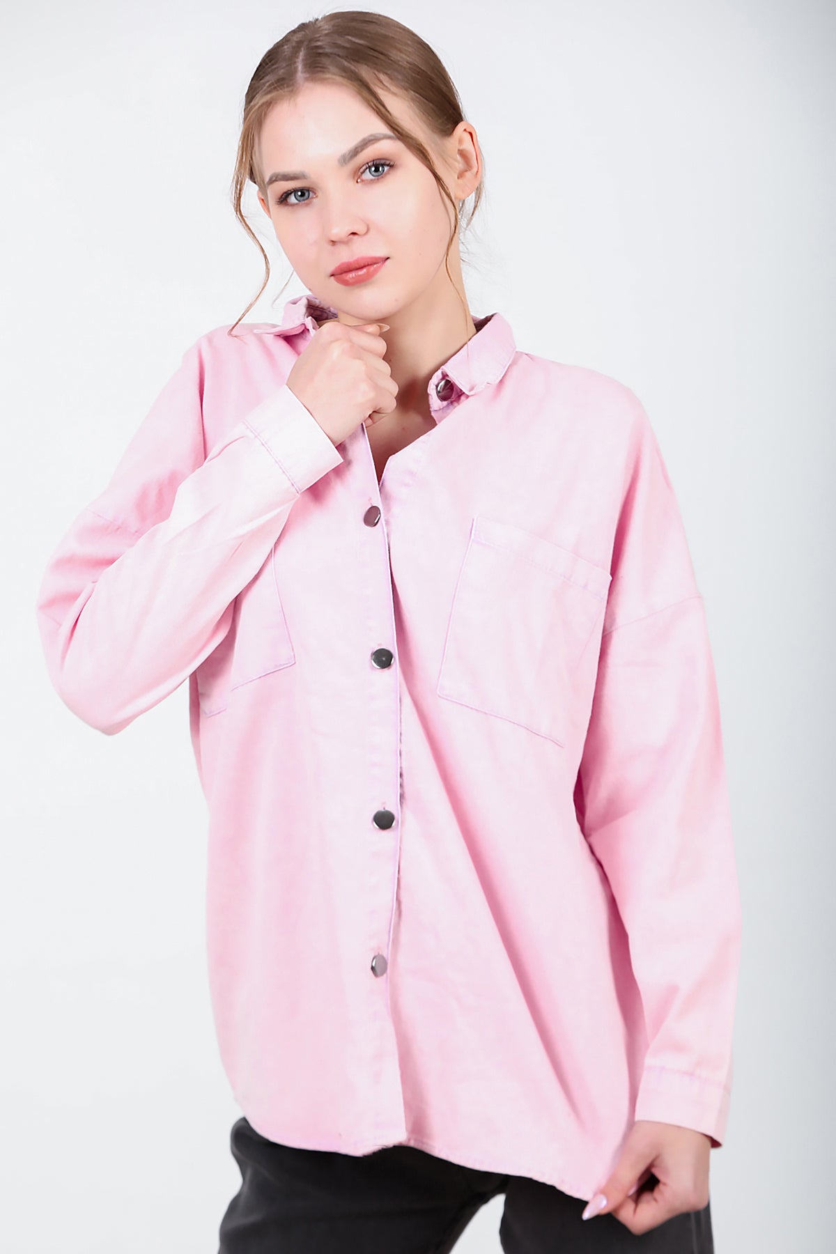 Kadın Oversize İki Cepli Gömlek Pembe