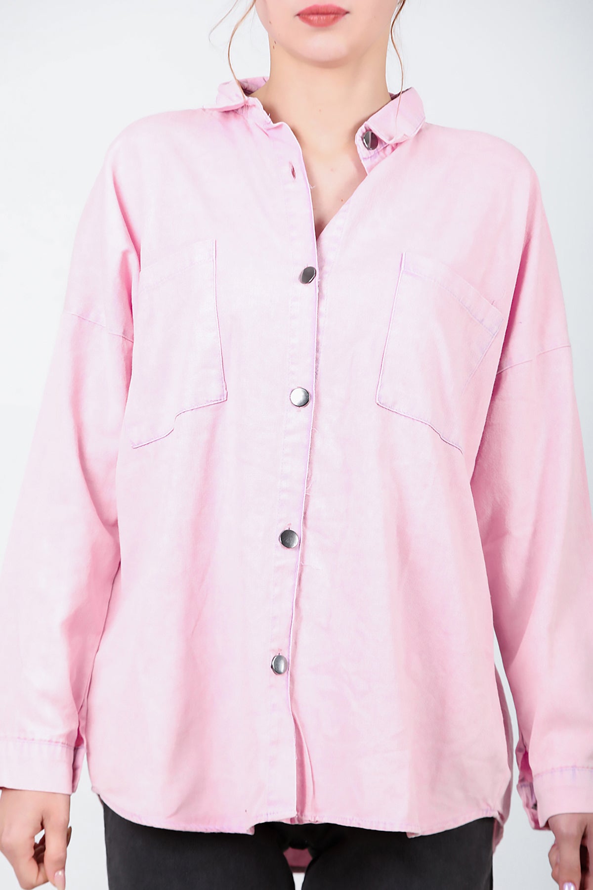 Kadın Oversize İki Cepli Gömlek Pembe