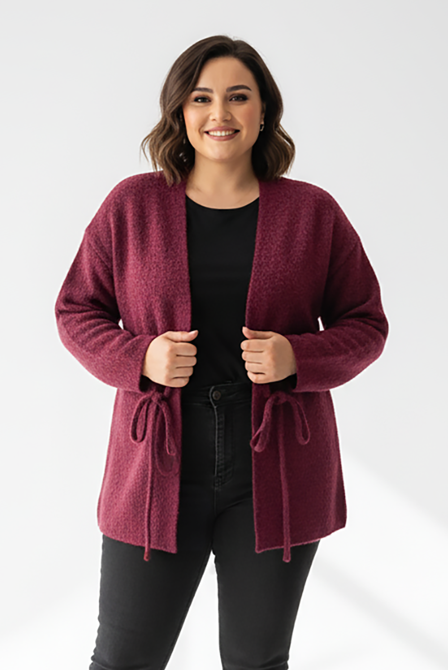 Büyük Beden Ön Bağlama Sakallı Kaşe Hırka Bordo