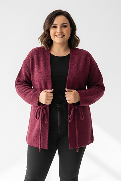 Büyük Beden Ön Bağlama Sakallı Kaşe Hırka Bordo