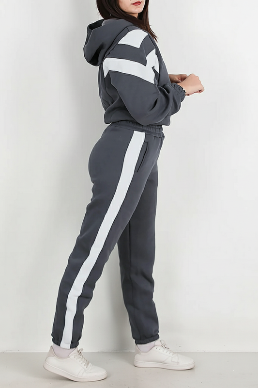 Kadın Şeritli Kapşonlu Eşofman Takımı Füme