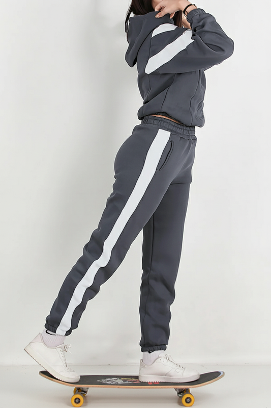 Kadın Şeritli Kapşonlu Eşofman Takımı Füme