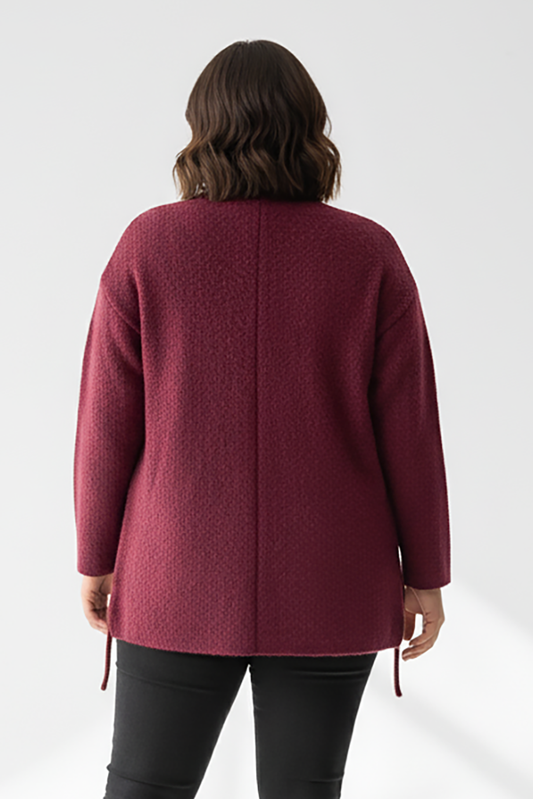 Büyük Beden Ön Bağlama Sakallı Kaşe Hırka Bordo