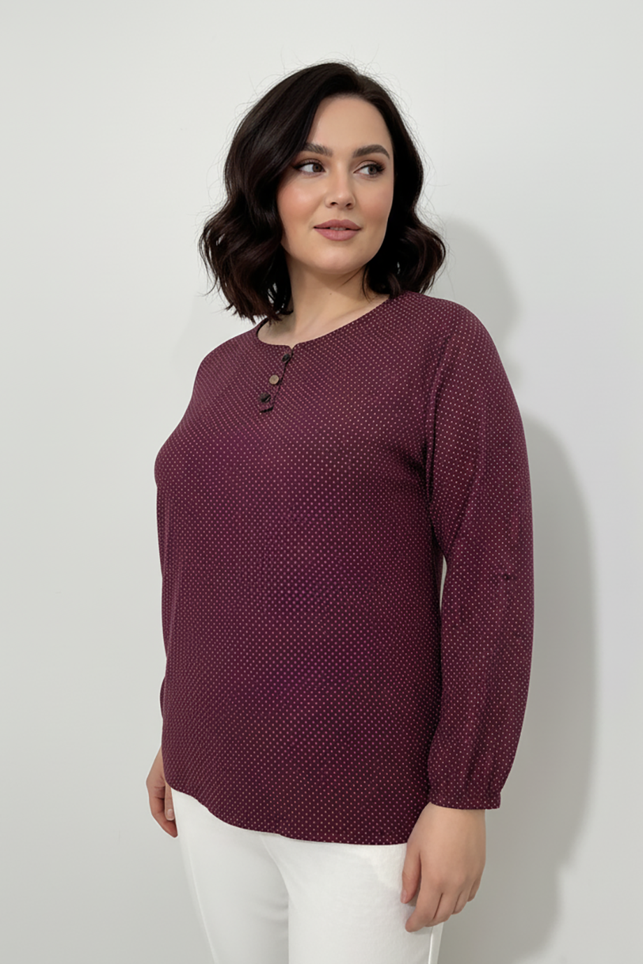 Büyük Beden Puantiyeli Kol Lastikli Bluz Bordo