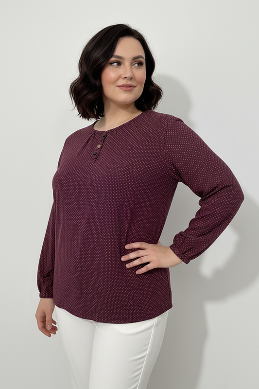 Büyük Beden Puantiyeli Kol Lastikli Bluz Bordo