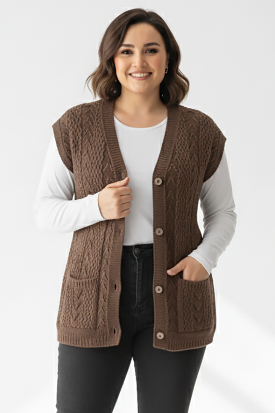 Büyük Beden Örgü Yelek Kahverengi