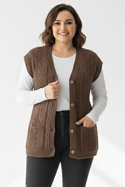 Büyük Beden Örgü Yelek Kahverengi