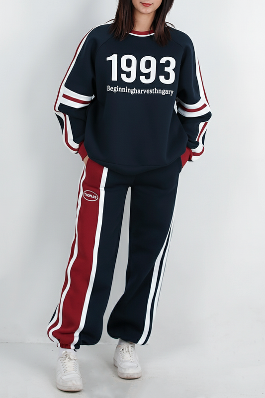 Kadın Şeritli Yazılı Bisiklet Yaka Eşofman Takımı Lacivert