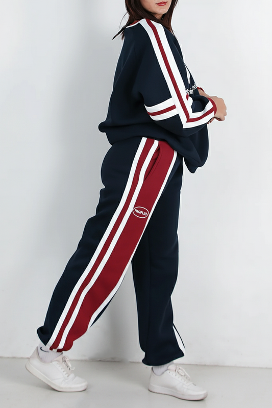 Kadın Şeritli Yazılı Bisiklet Yaka Eşofman Takımı Lacivert