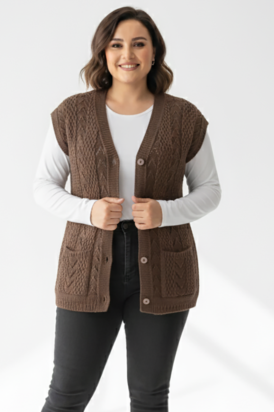 Büyük Beden Örgü Yelek Kahverengi
