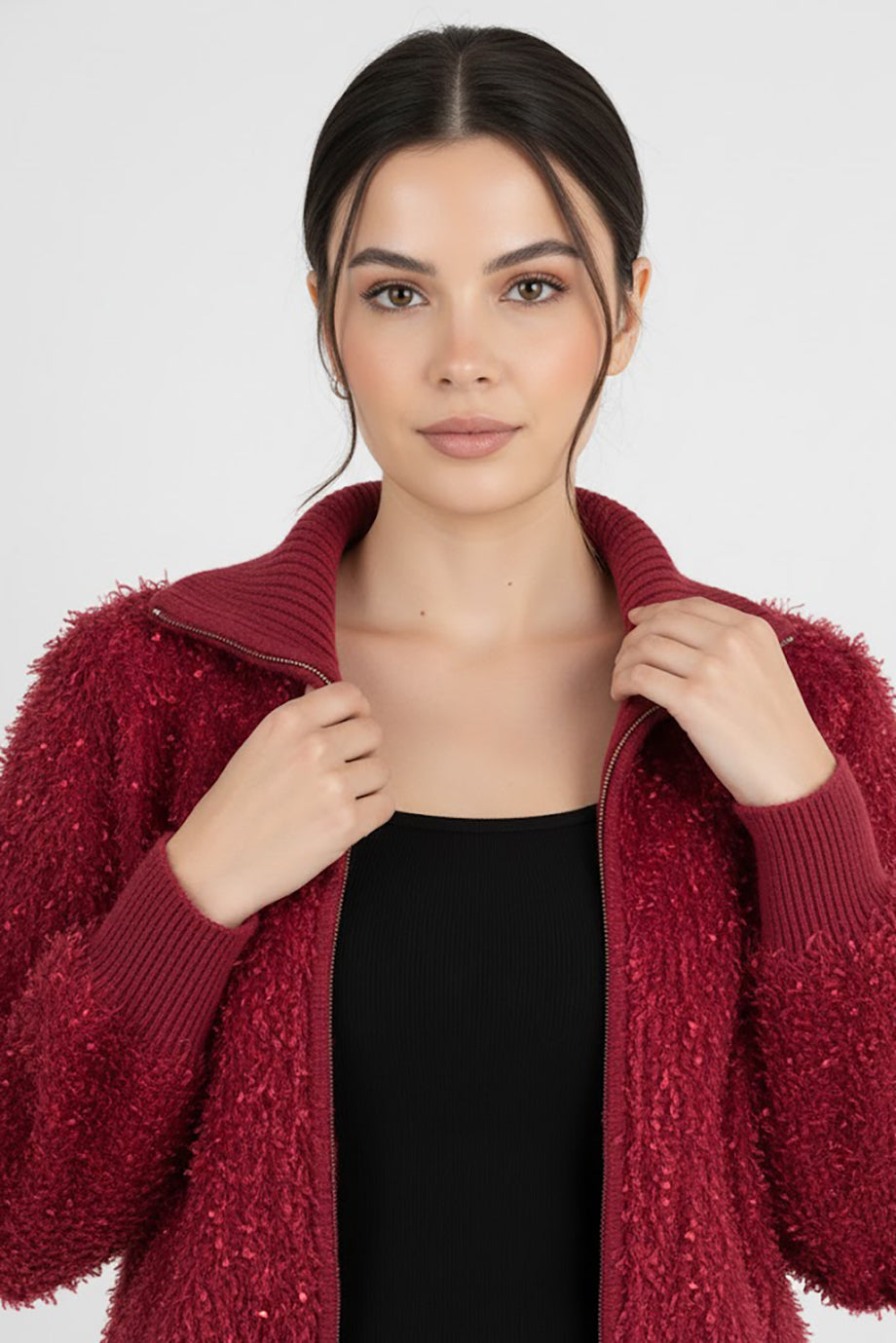 Wave Kadın Saçaklı Fermuarlı Hırka Bordo