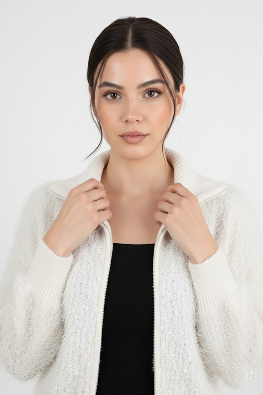 Wave Kadın Saçaklı Fermuarlı Hırka Ekru