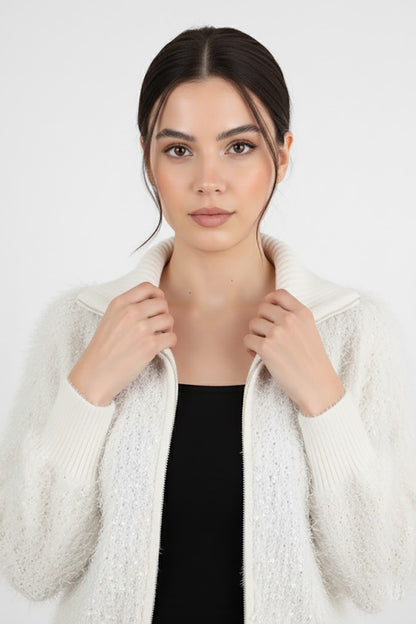 Wave Kadın Saçaklı Fermuarlı Hırka Ekru