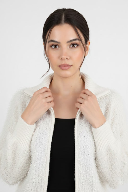 Wave Kadın Saçaklı Fermuarlı Hırka Ekru