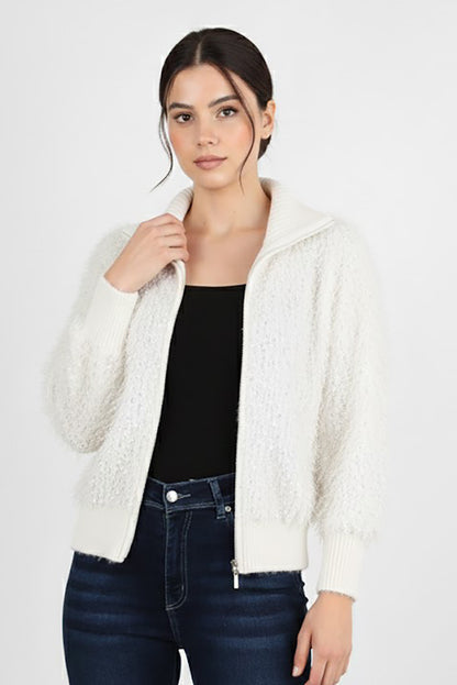 Wave Kadın Saçaklı Fermuarlı Hırka Ekru