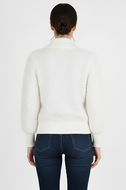 Wave Kadın Saçaklı Fermuarlı Hırka Ekru