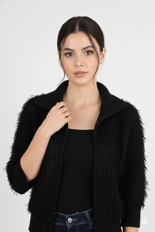 Wave Kadın Saçaklı Fermuarlı Hırka Siyah