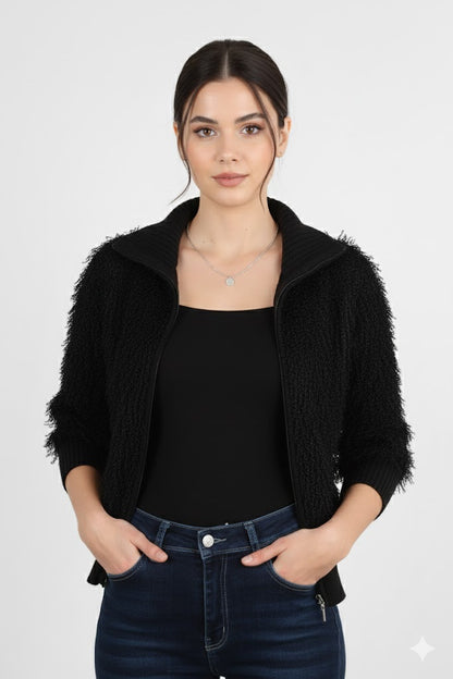 Wave Kadın Saçaklı Fermuarlı Hırka Siyah