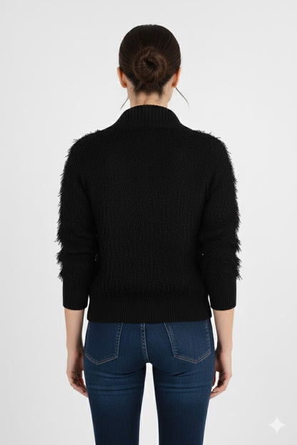 Wave Kadın Saçaklı Fermuarlı Hırka Siyah