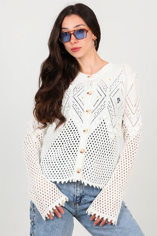 Kadın Ön İşlemeli Hırka Ekru
