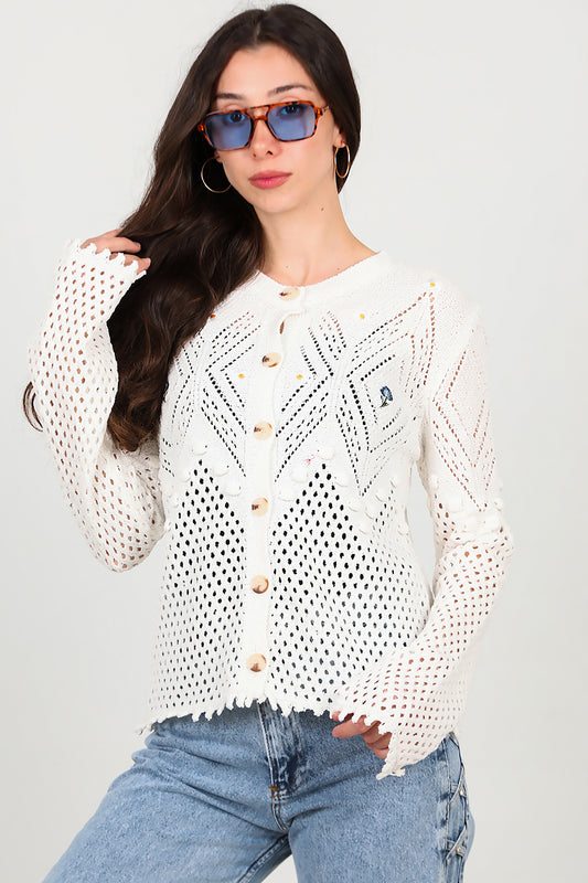 Kadın Ön İşlemeli Hırka Ekru