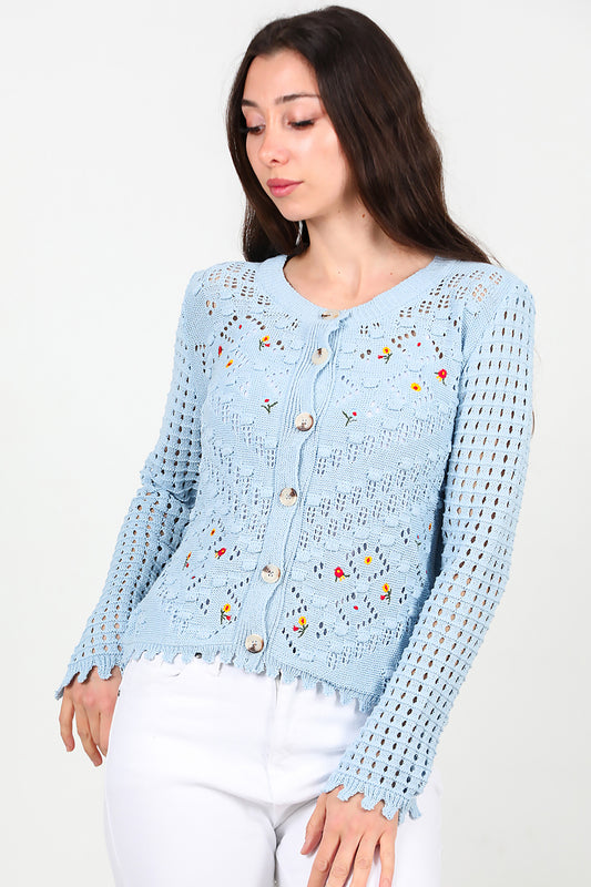 Kadın İşlemeli Kısa Hırka Mavi