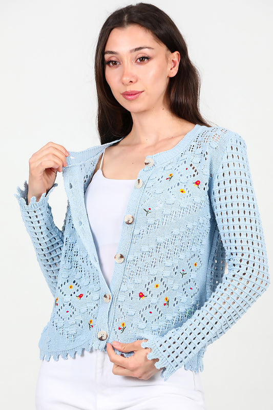 Kadın İşlemeli Kısa Hırka Mavi