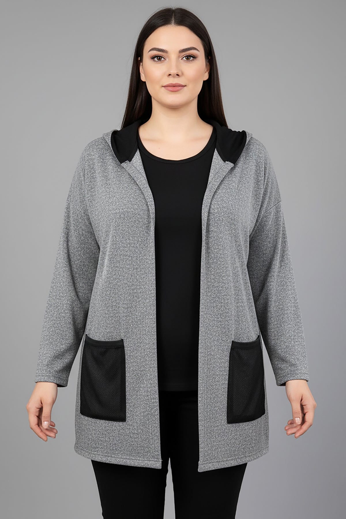 Büyük Beden Yumoş Kapşonlu File Detay Hırka Gri