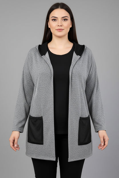 Büyük Beden Yumoş Kapşonlu File Detay Hırka Gri