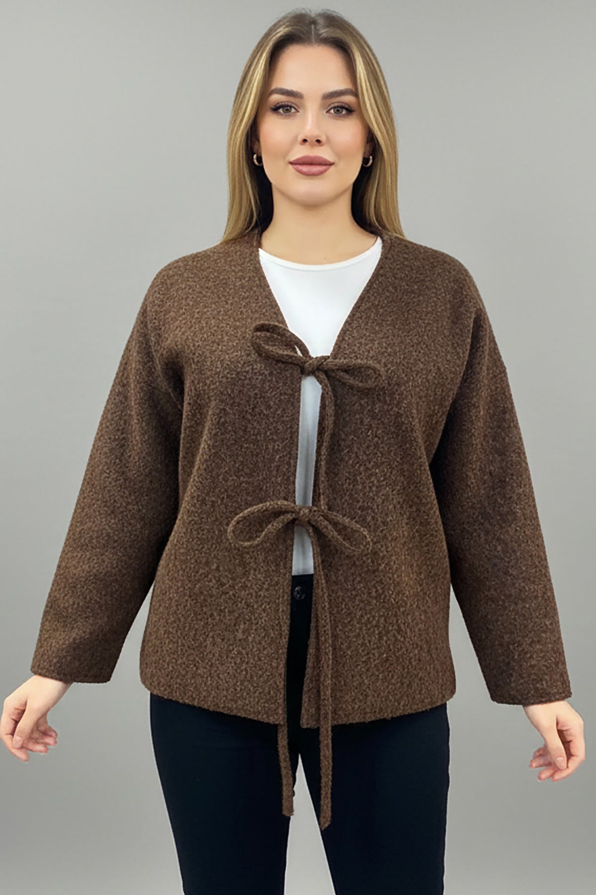 Büyük Beden Ön Bağlama Sakallı Kaşe Hırka Kahverengi