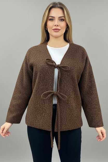 Büyük Beden Ön Bağlama Sakallı Kaşe Hırka Kahverengi