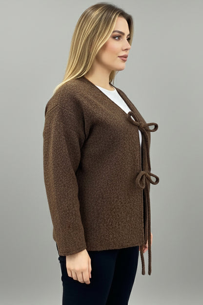 Büyük Beden Ön Bağlama Sakallı Kaşe Hırka Kahverengi