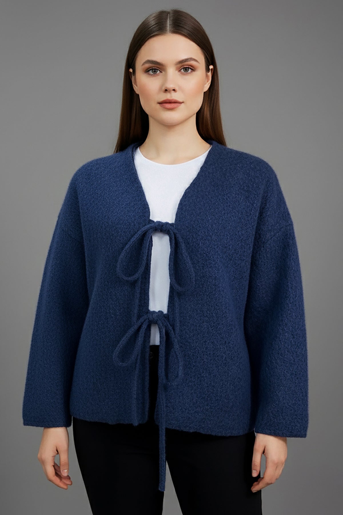 Büyük Beden Ön Bağlama Sakallı Kaşe Hırka Lacivert