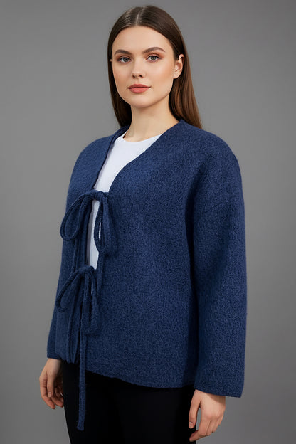 Büyük Beden Ön Bağlama Sakallı Kaşe Hırka Lacivert