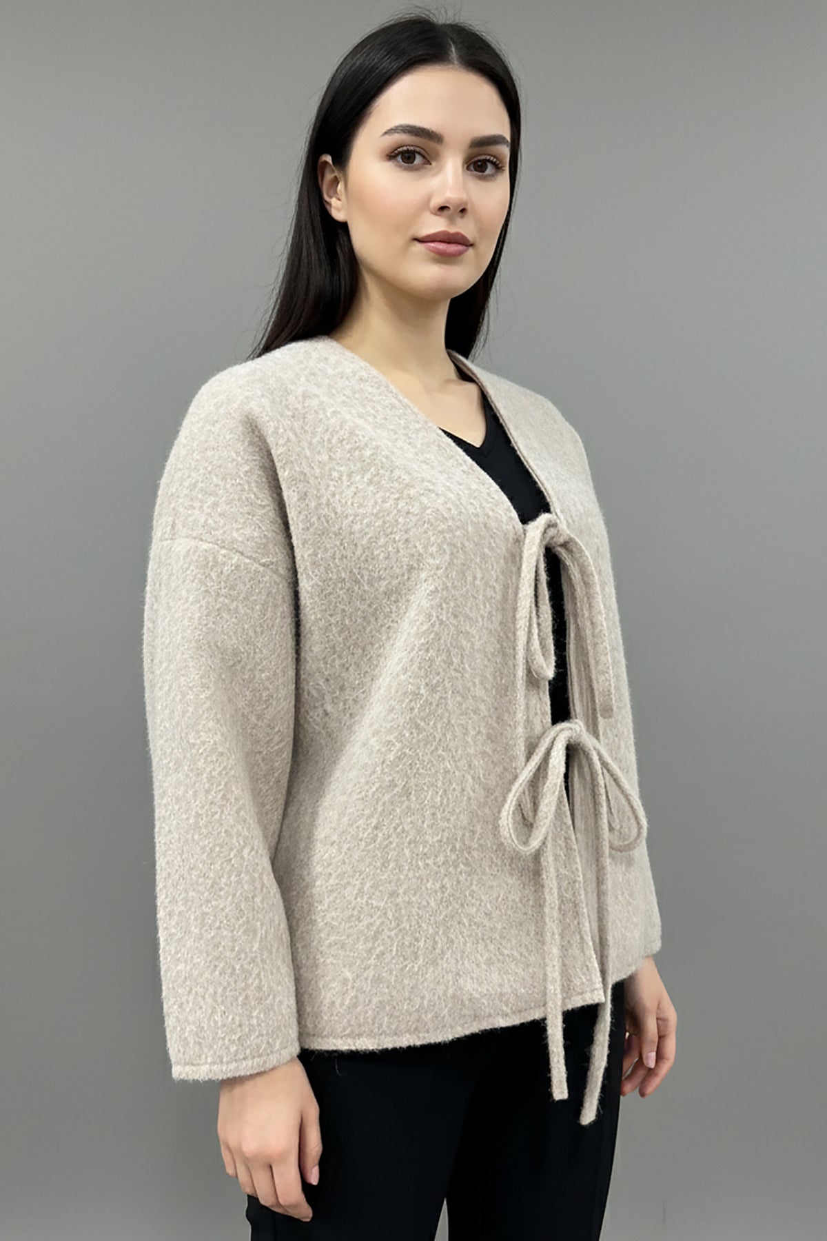 Büyük Beden Ön Bağlama Sakallı Kaşe Hırka Taş