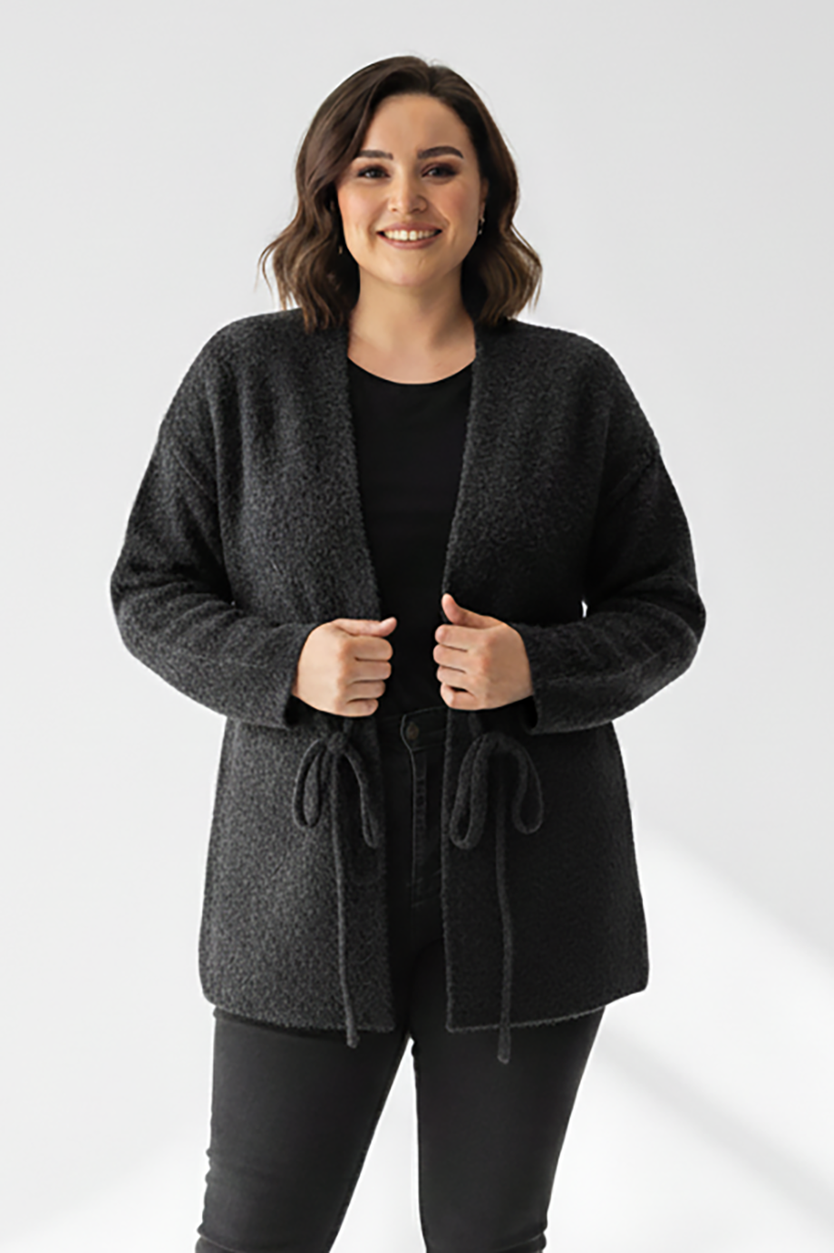 Büyük Beden Ön Bağlama Sakallı Kaşe Hırka Siyah