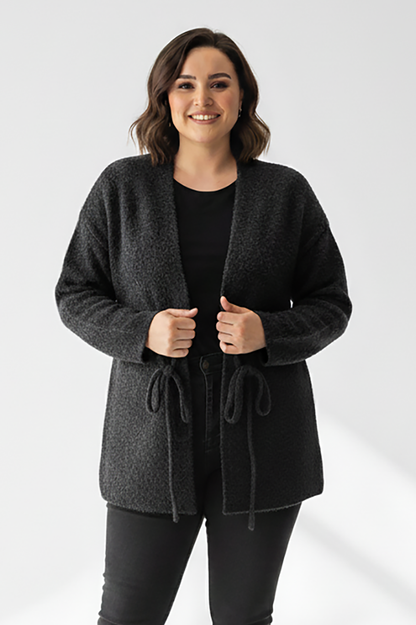 Büyük Beden Ön Bağlama Sakallı Kaşe Hırka Siyah