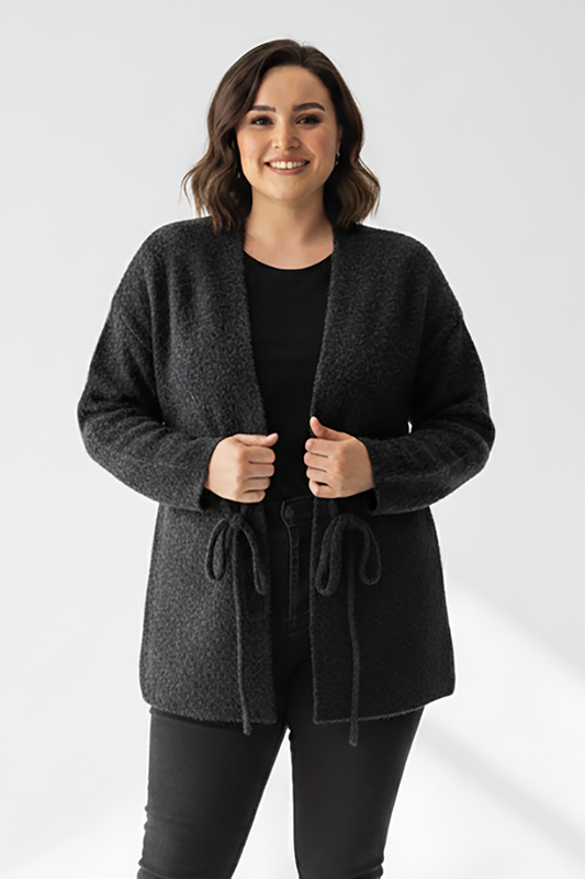 Büyük Beden Ön Bağlama Sakallı Kaşe Hırka Siyah