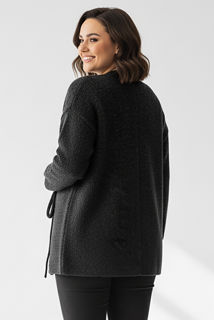 Büyük Beden Ön Bağlama Sakallı Kaşe Hırka Siyah