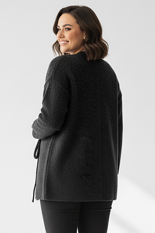 Büyük Beden Ön Bağlama Sakallı Kaşe Hırka Siyah