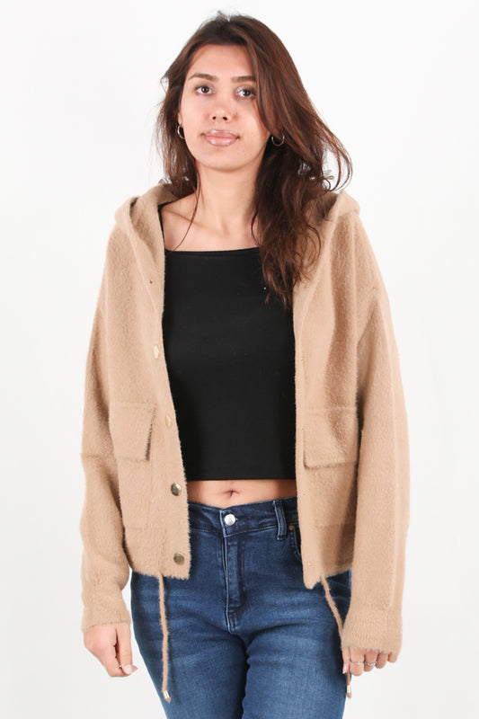 Fluffcardy  Kadın Kapşonlu Ön Düğmeli Sakallı Hırka Bej