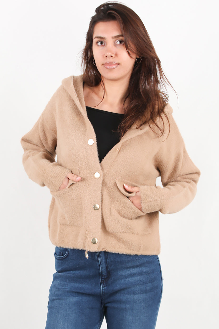 Fluffcardy  Kadın Kapşonlu Ön Düğmeli Sakallı Hırka Bej